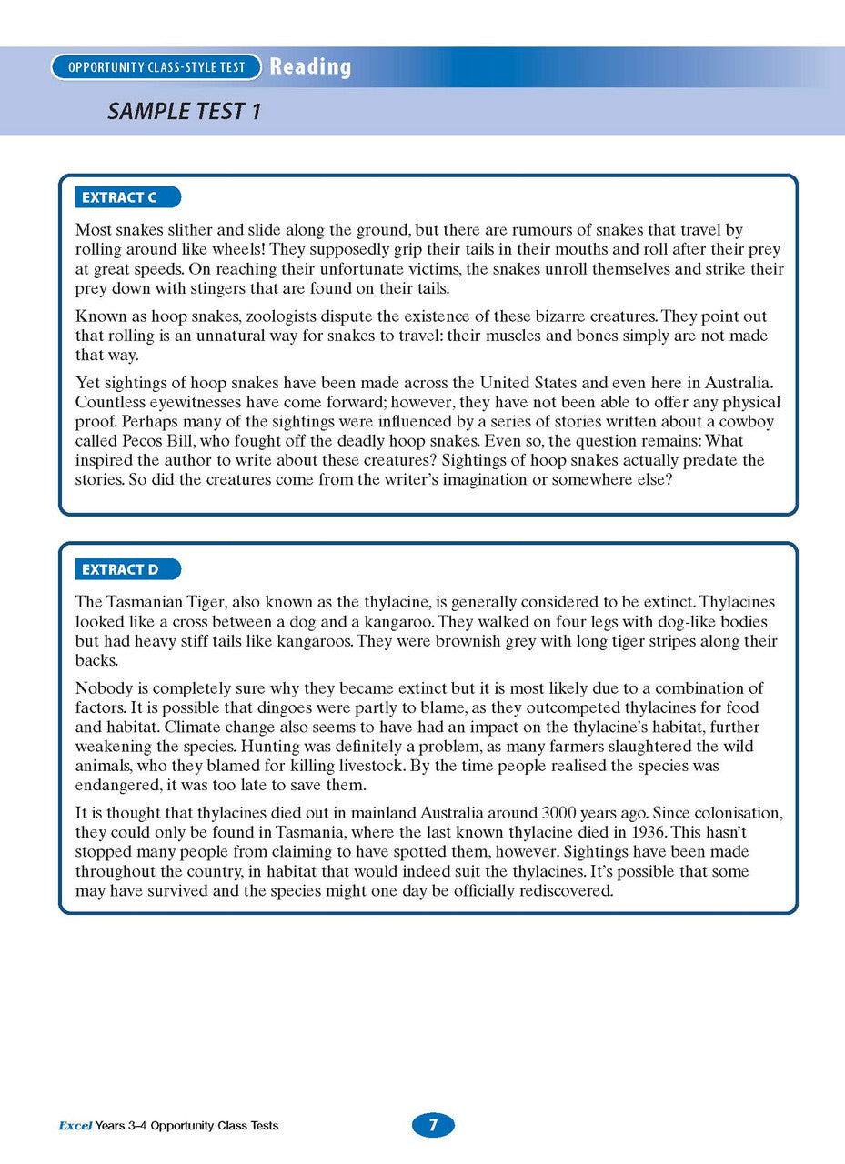 Excel Opportunity Class Tests: Years 3-4