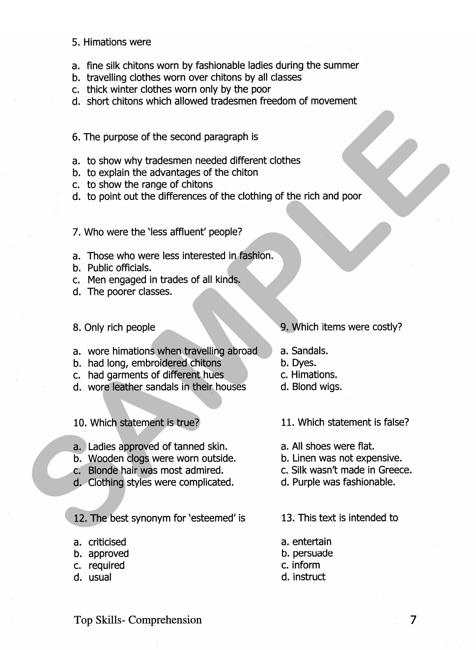 Top Skills Comprehension sample page