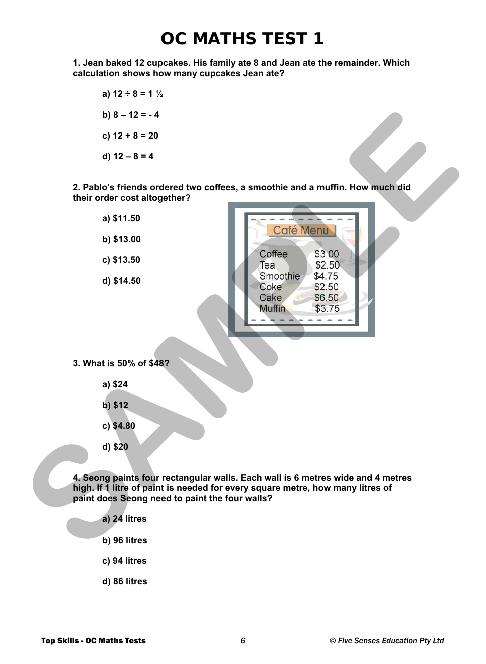 Top Skills OC Maths Tests sample page