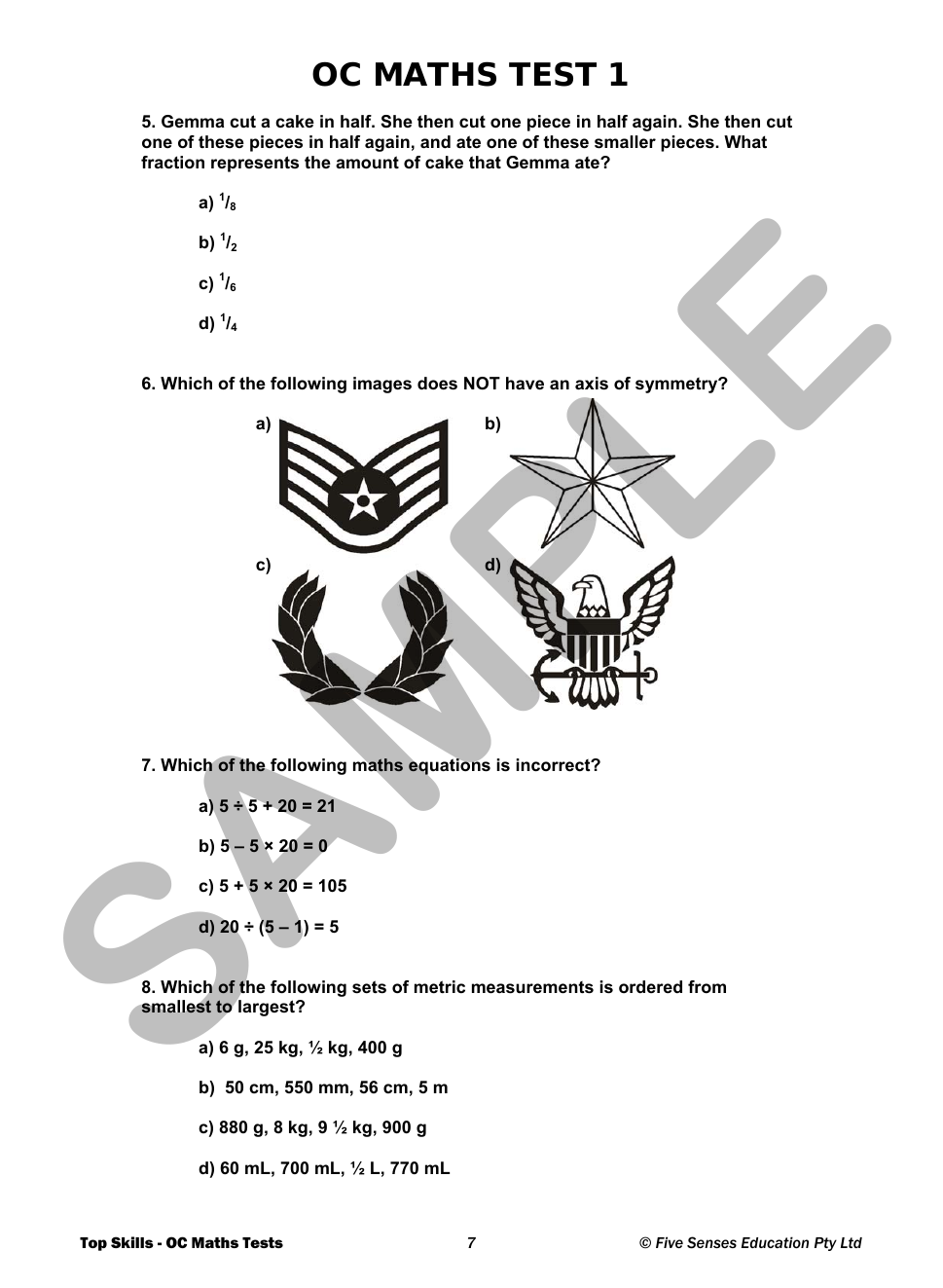 Top Skills OC Maths Tests sample page
