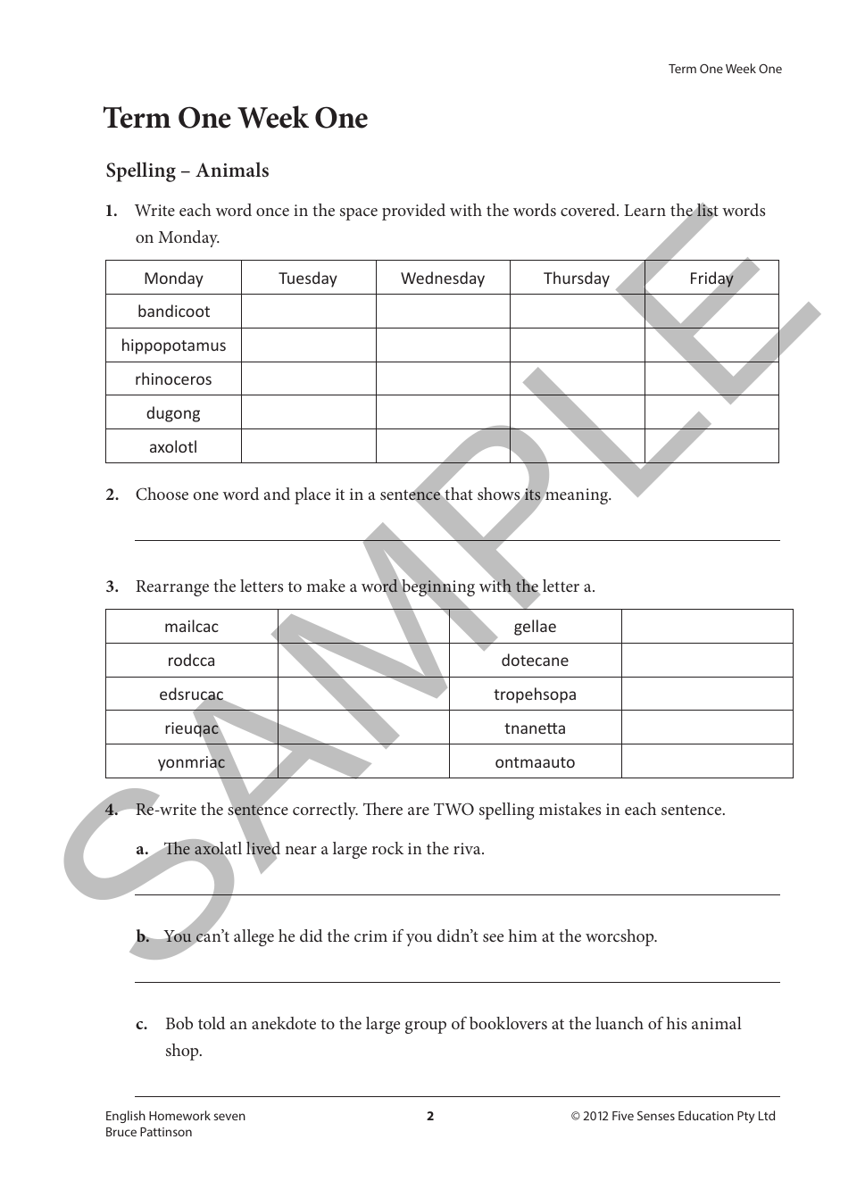 English Homework - Year 7 sample page