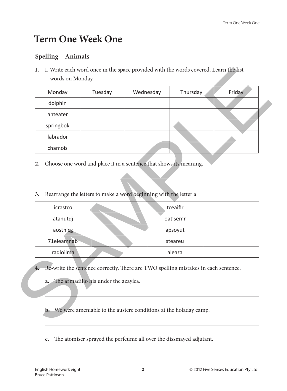 English Homework - Year 8 sample page