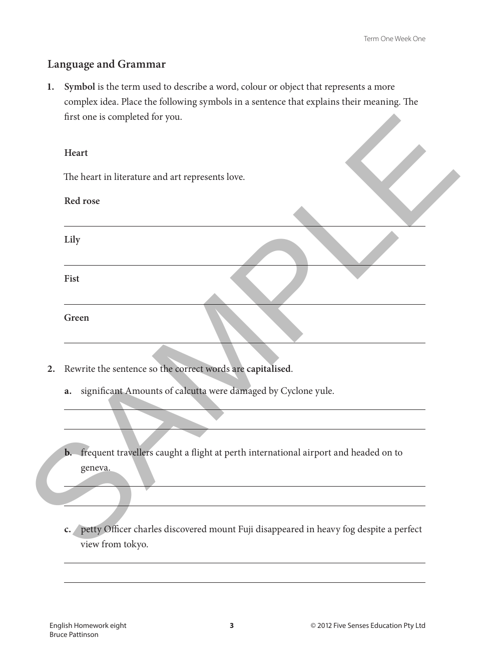 English Homework - Year 8 sample page