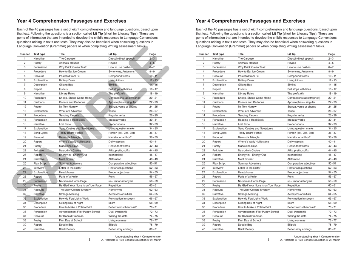 Understanding Year 4 Comprehension sample page