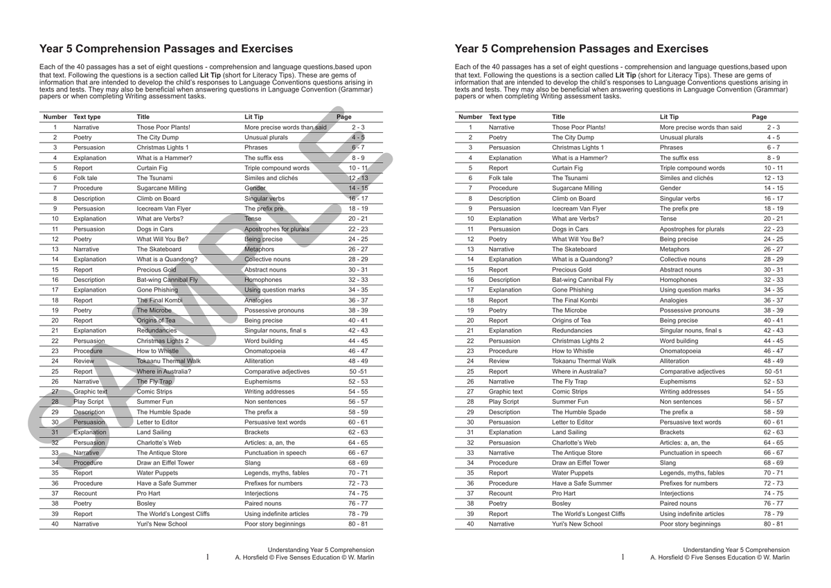Understanding Year 5 Comprehension sample page