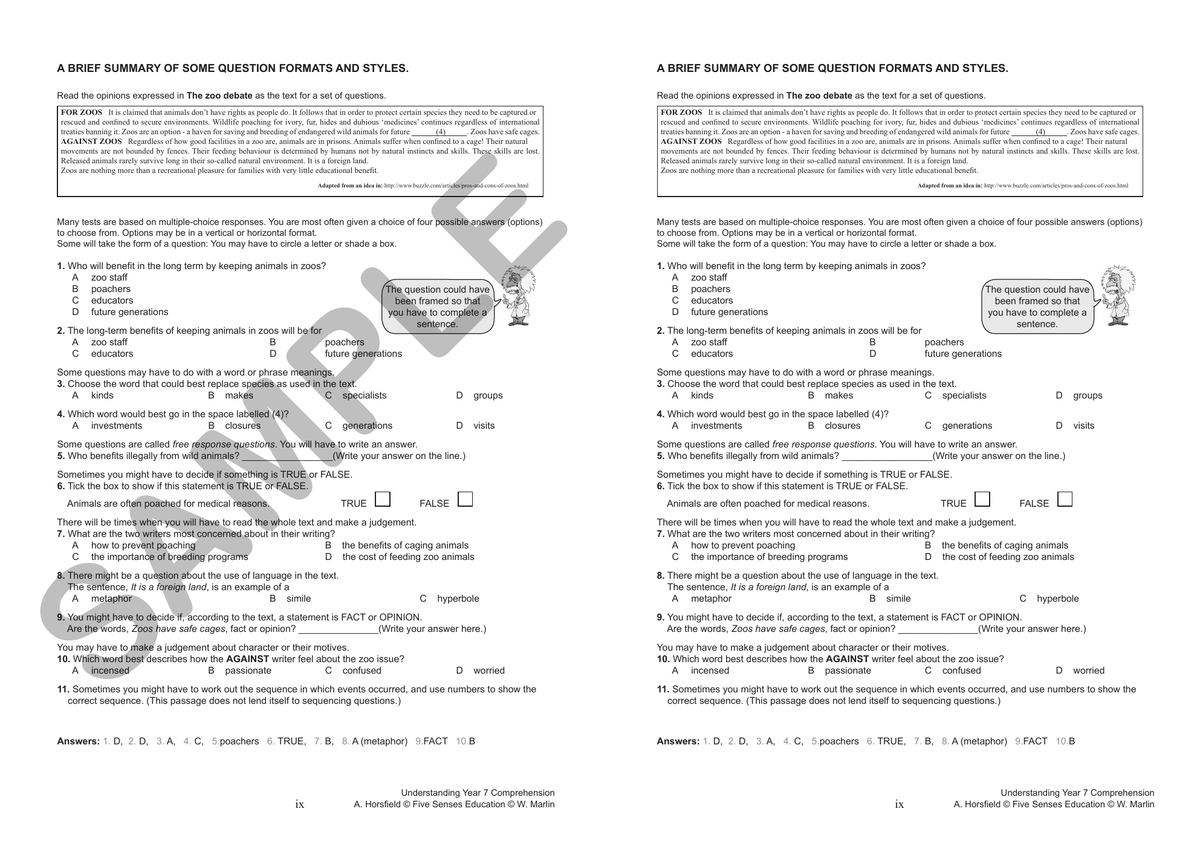 Understanding Year 7 Comprehension sample page