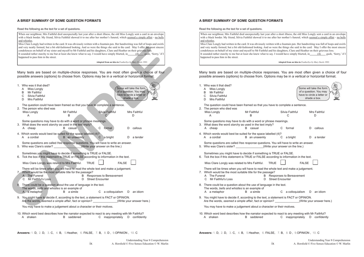 Understanding Year 8 Comprehension sample page