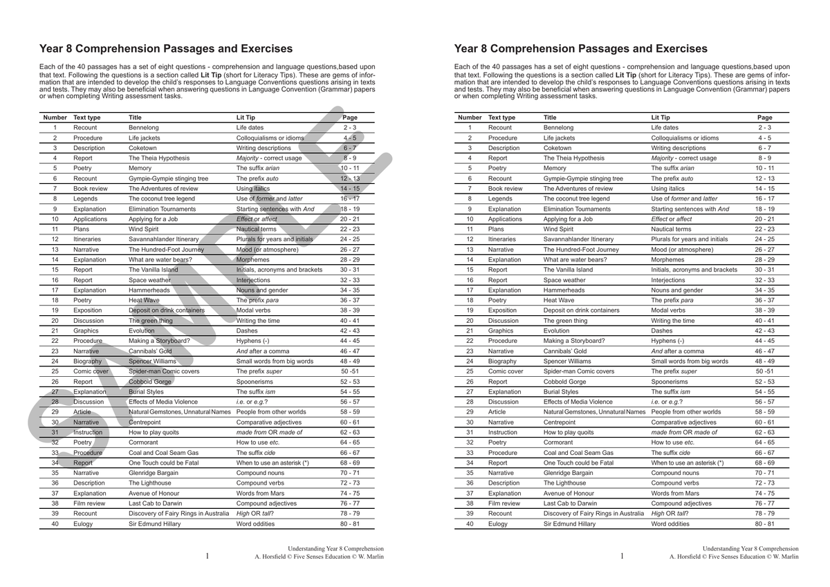 Understanding Year 8 Comprehension sample page