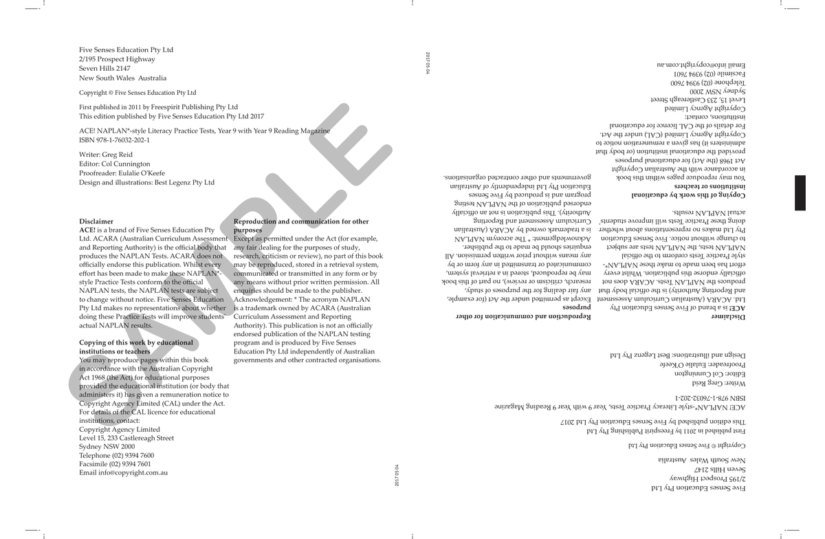 ACE! NAPLAN - Literacy Practice Tests Year 9 (with Reading Magazine) sample page