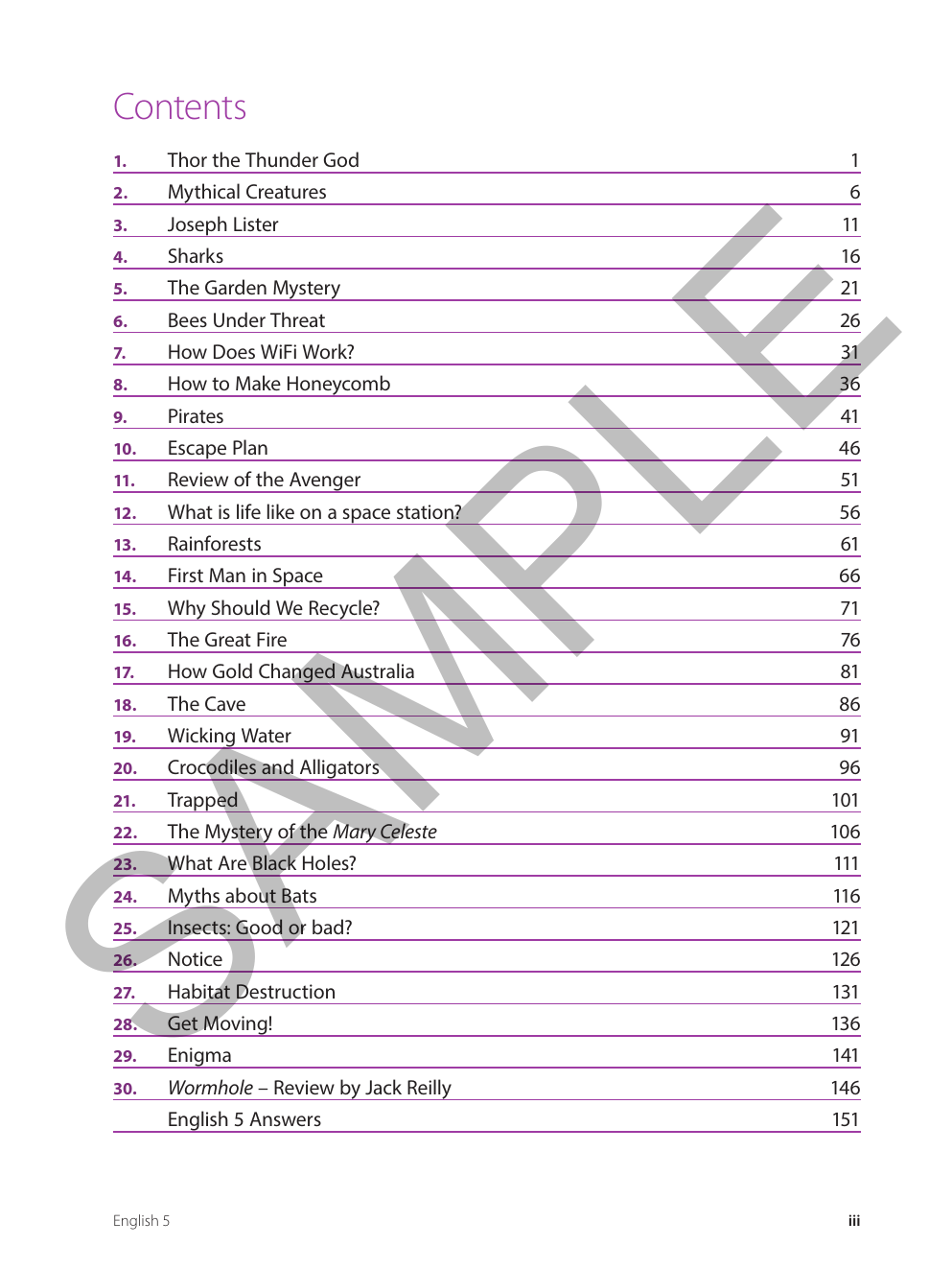 English - Year 5 sample page