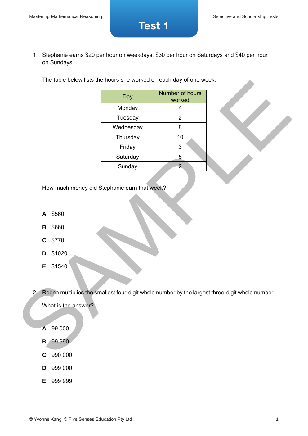 Mastering Mathematical Reasoning Selective and Scholarship Tests - Book 1 sample page