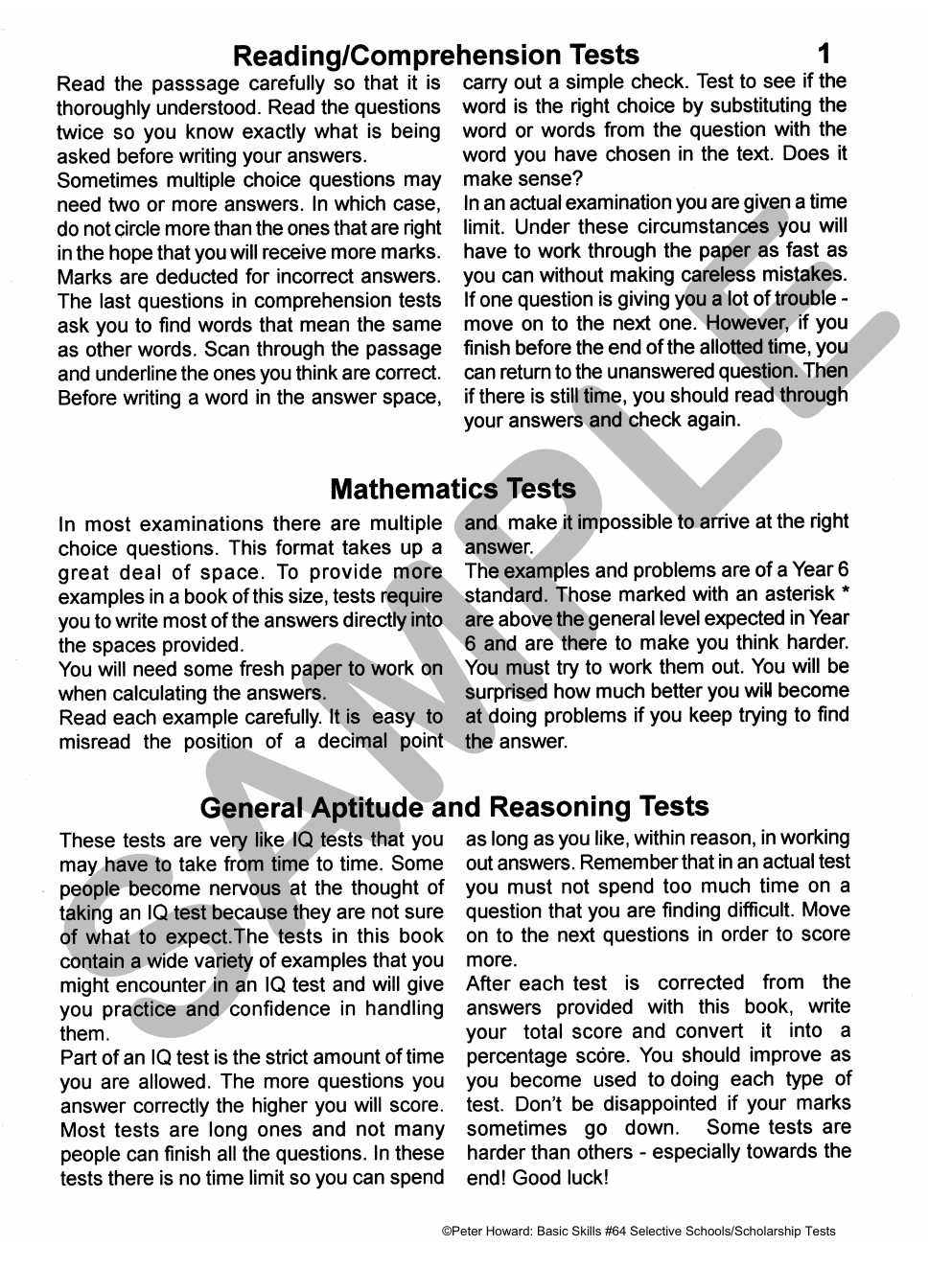 Selective School and Scholarship Tests sample page