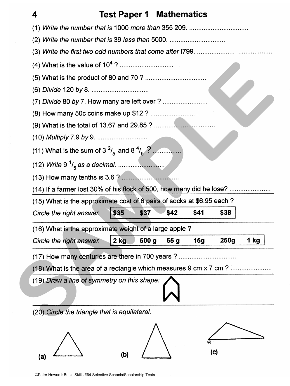 Selective School and Scholarship Tests sample page