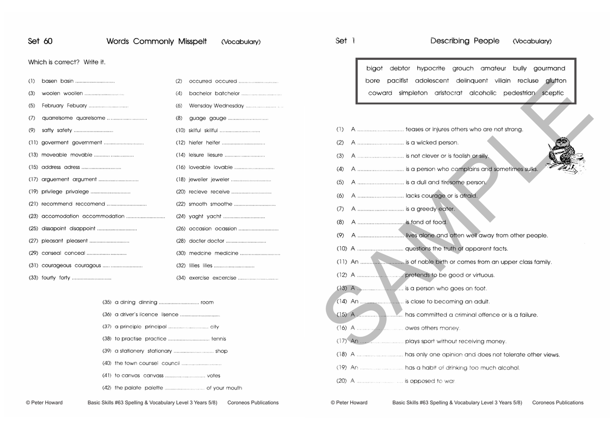 Spelling / Vocabulary Level 3 Yrs 5 - 8 sample page