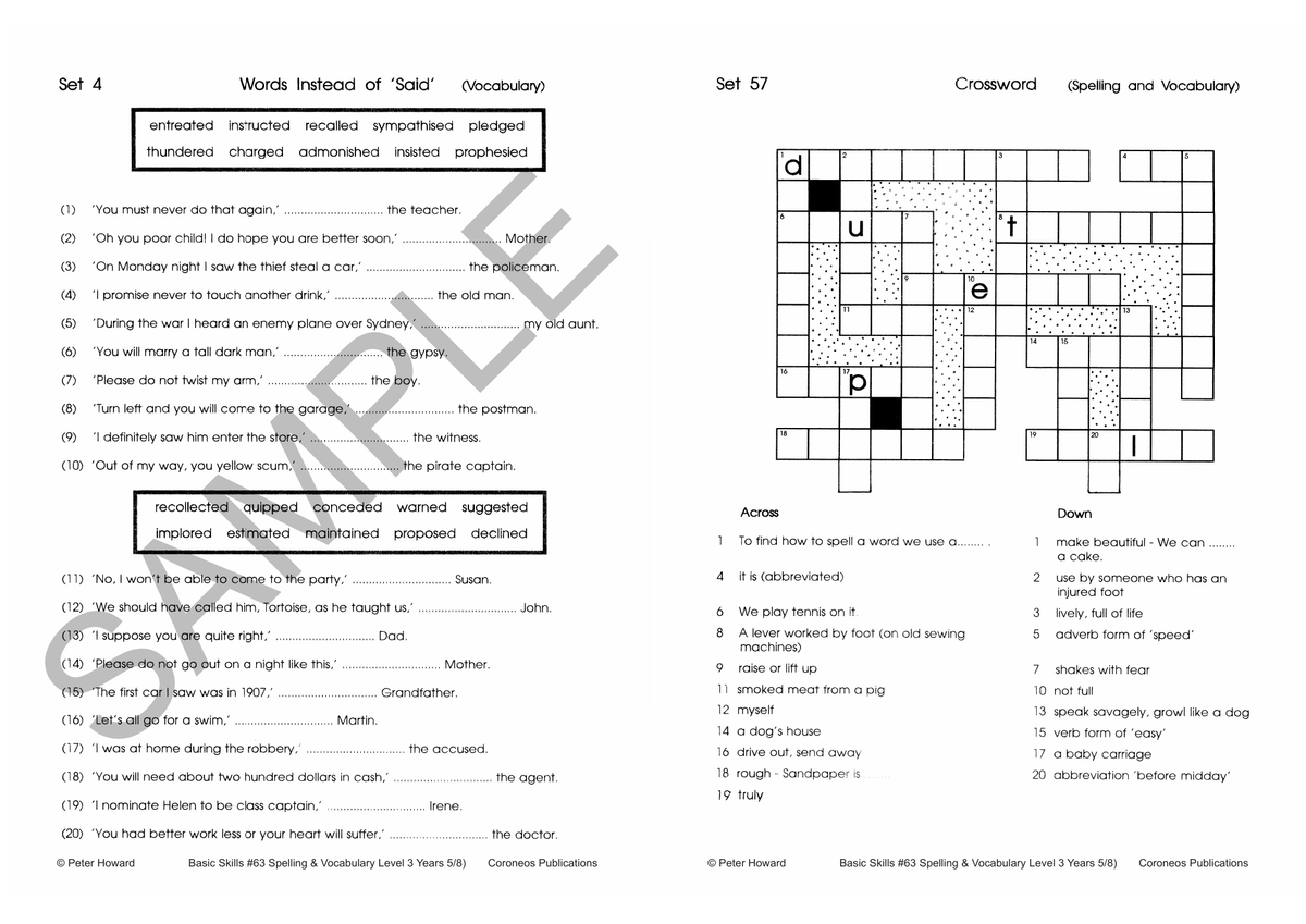 Spelling / Vocabulary Level 3 Yrs 5 - 8 sample page