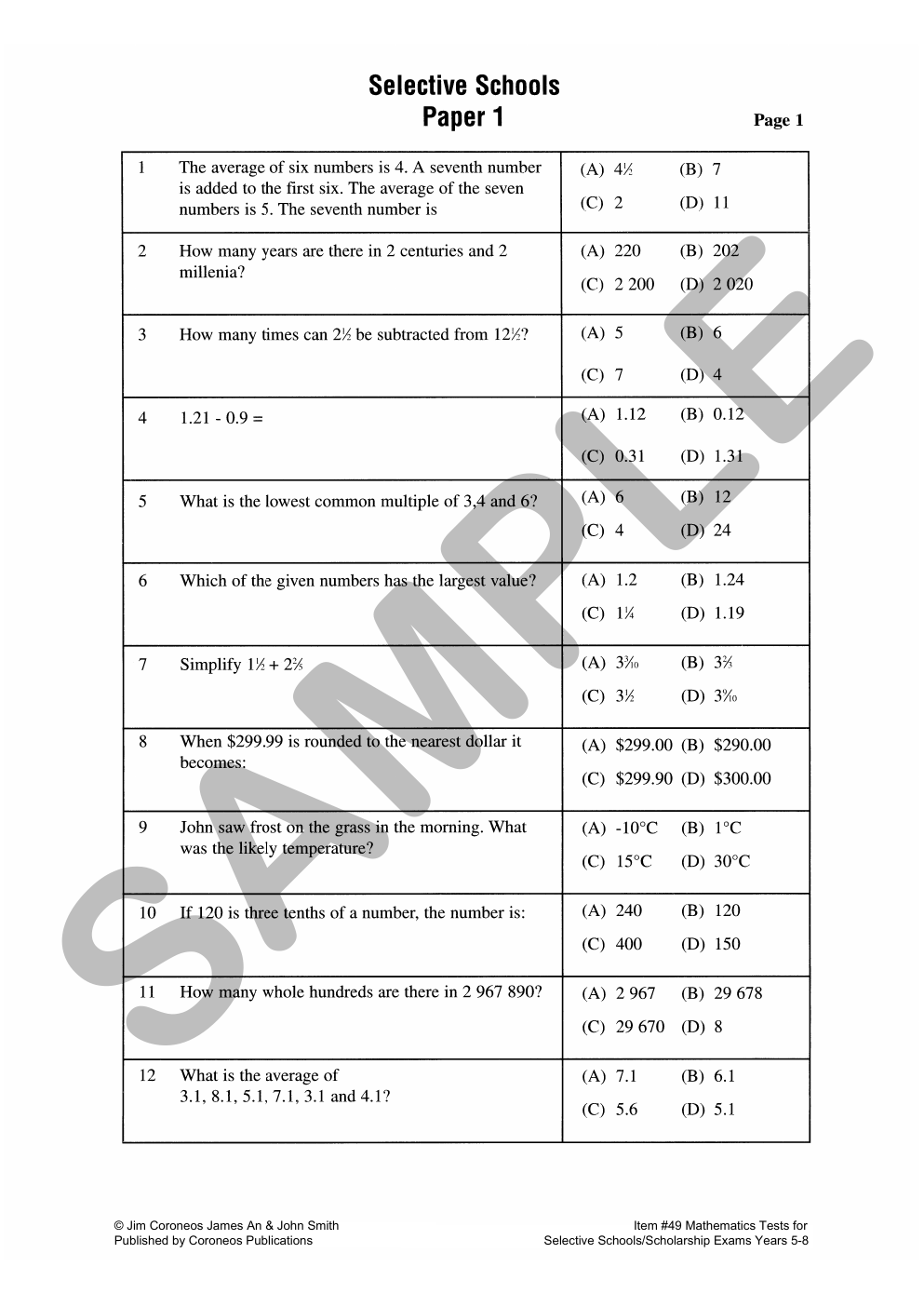 Mathematics Tests for Selective Schools Years 5-8 (Basic Skills No. 49) sample page