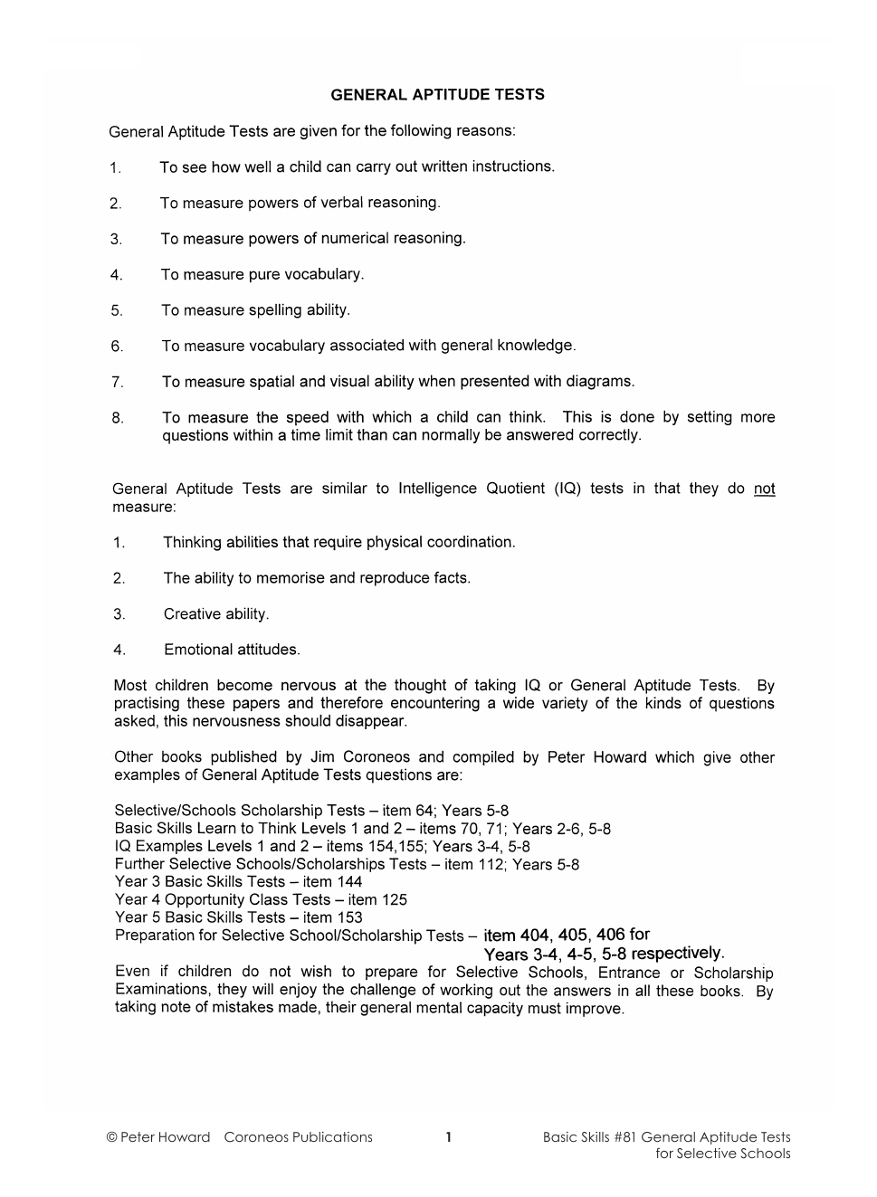 General Aptitude Tests for Selective Yrs 5 to 8 sample page