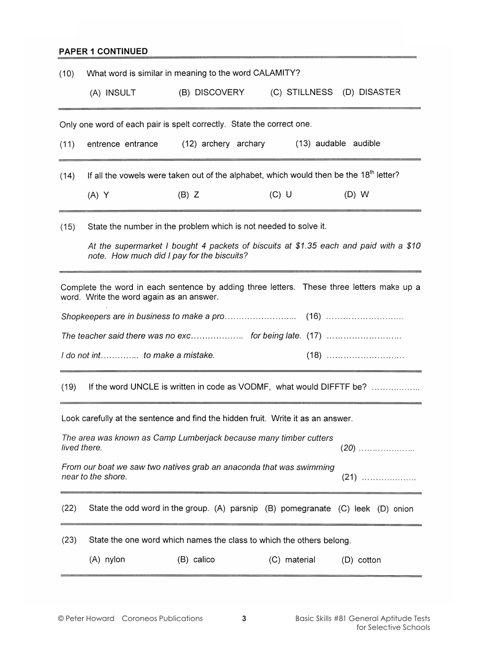 General Aptitude Tests for Selective Yrs 5 to 8 sample page