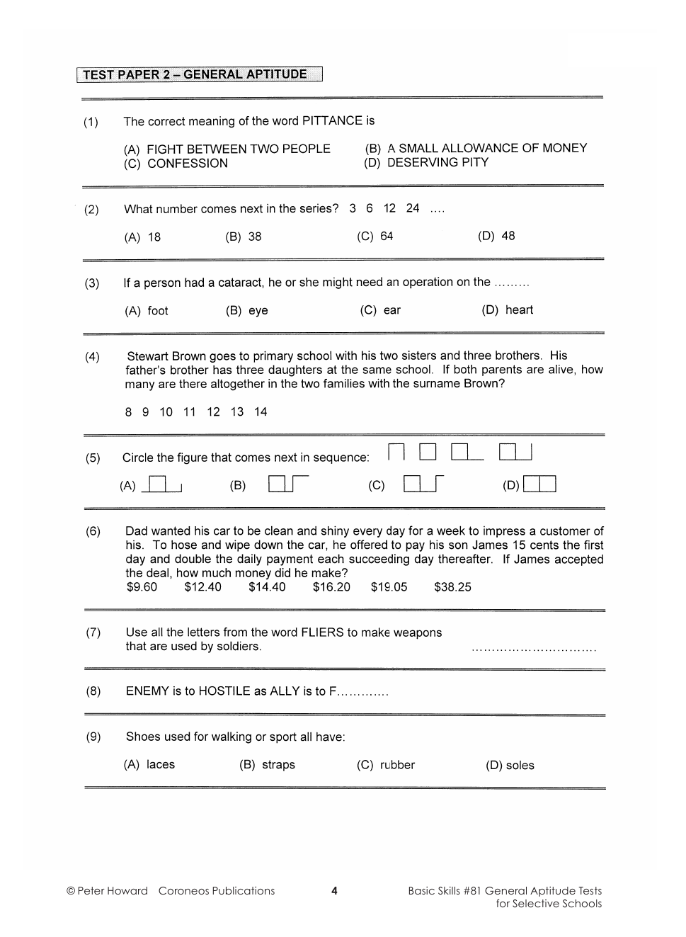 General Aptitude Tests for Selective Yrs 5 to 8 sample page