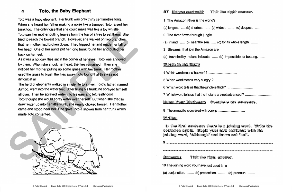 English Level 2 Yrs 3 - 4 sample page