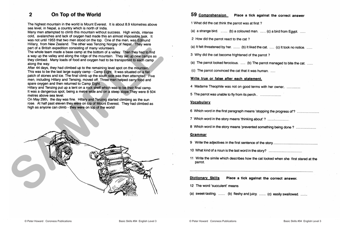 English Level 3 Yrs 5 - 8 sample page