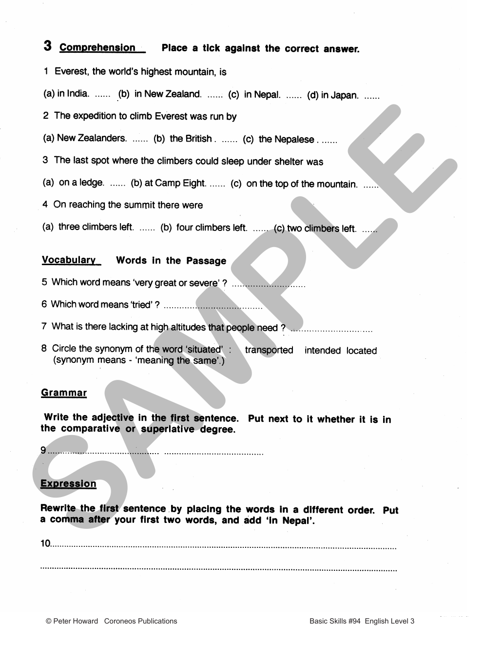 English Level 3 Yrs 5 - 8 sample page