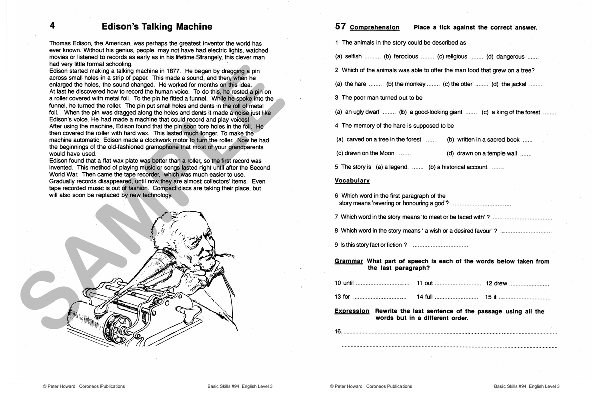 English Level 3 Yrs 5 - 8 sample page