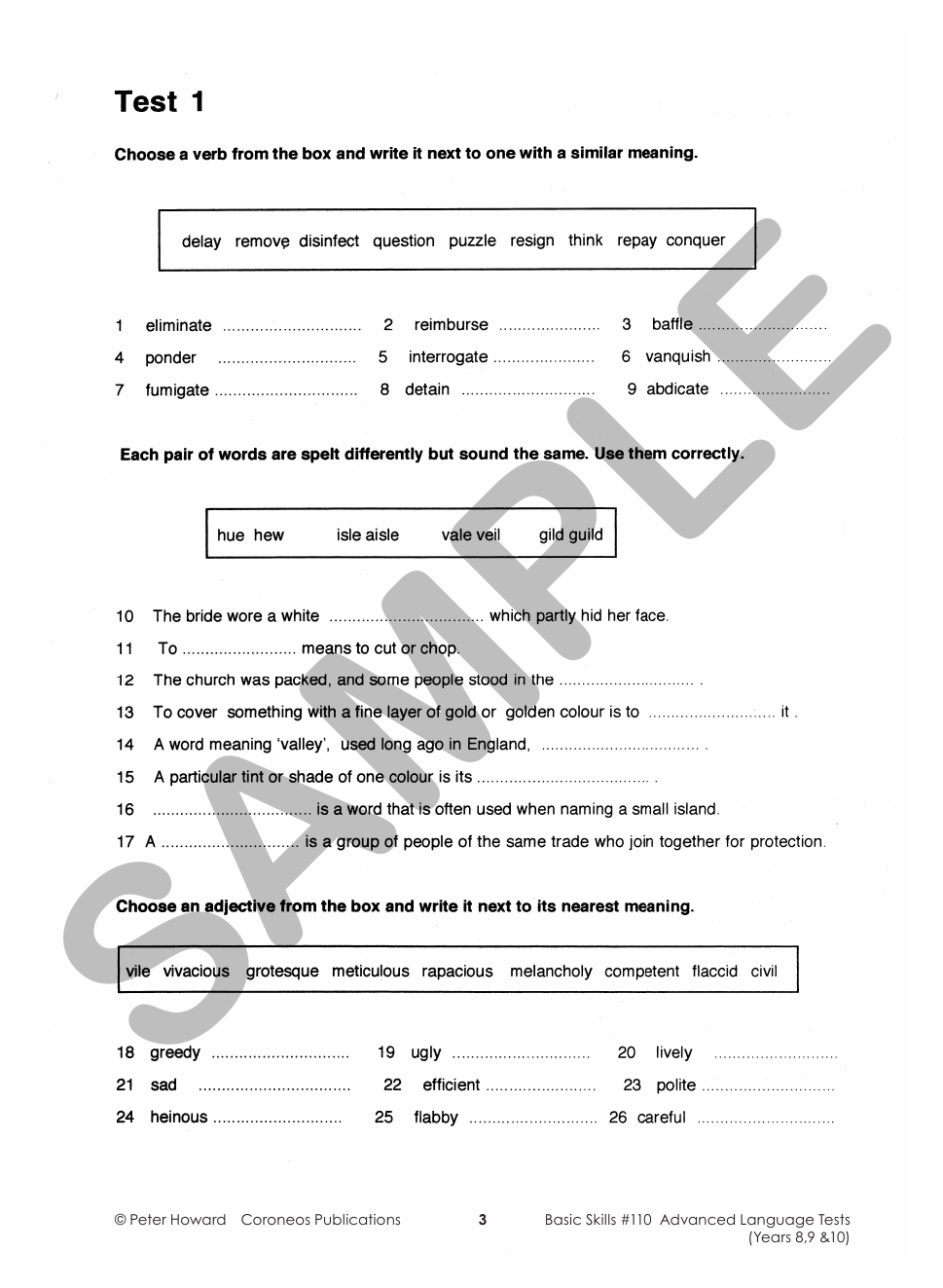 Advanced Language Tests Yrs 8 - 10 sample page