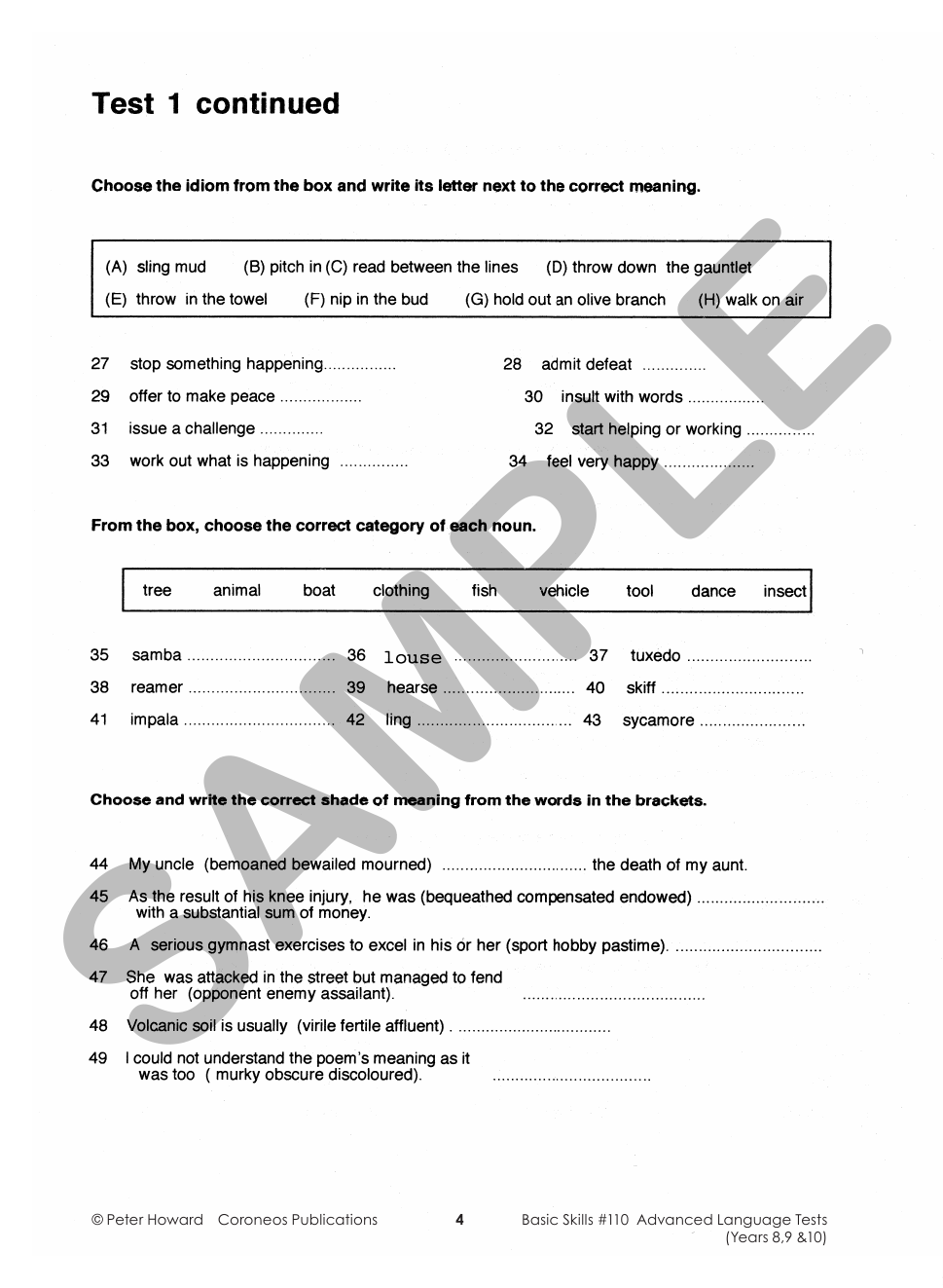 Advanced Language Tests Yrs 8 - 10 sample page