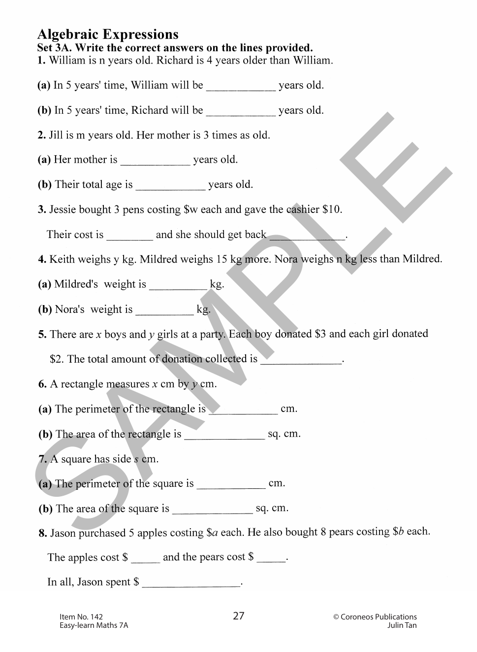 Basic Skills - Easy Learn Maths 7A Years 6-8 sample page