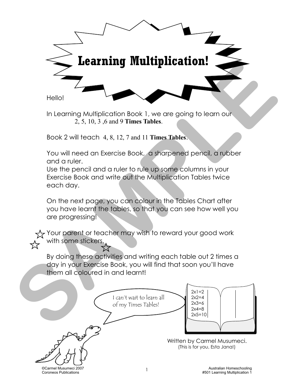 Learning Multiplication 1 sample page