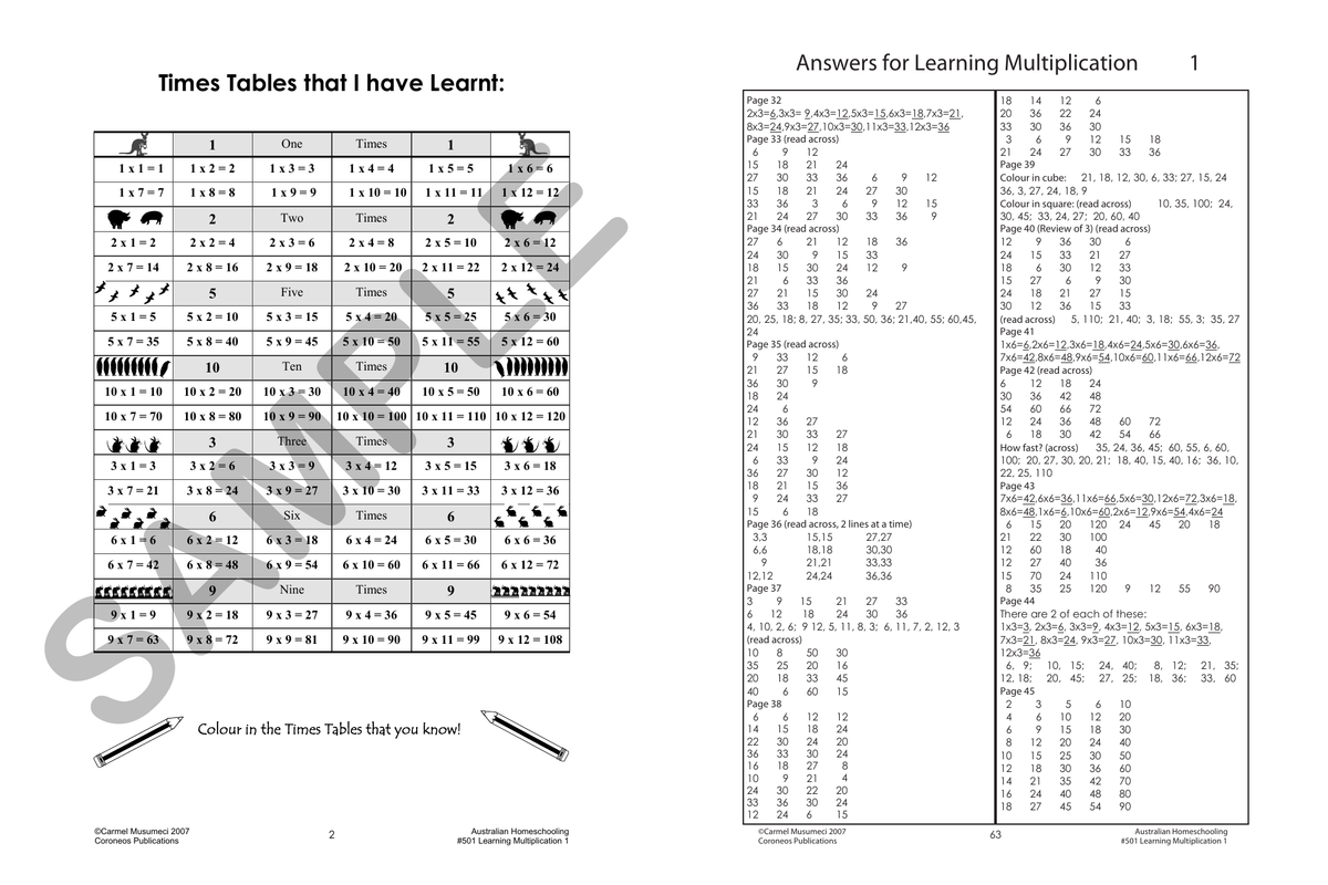 Learning Multiplication 1 sample page