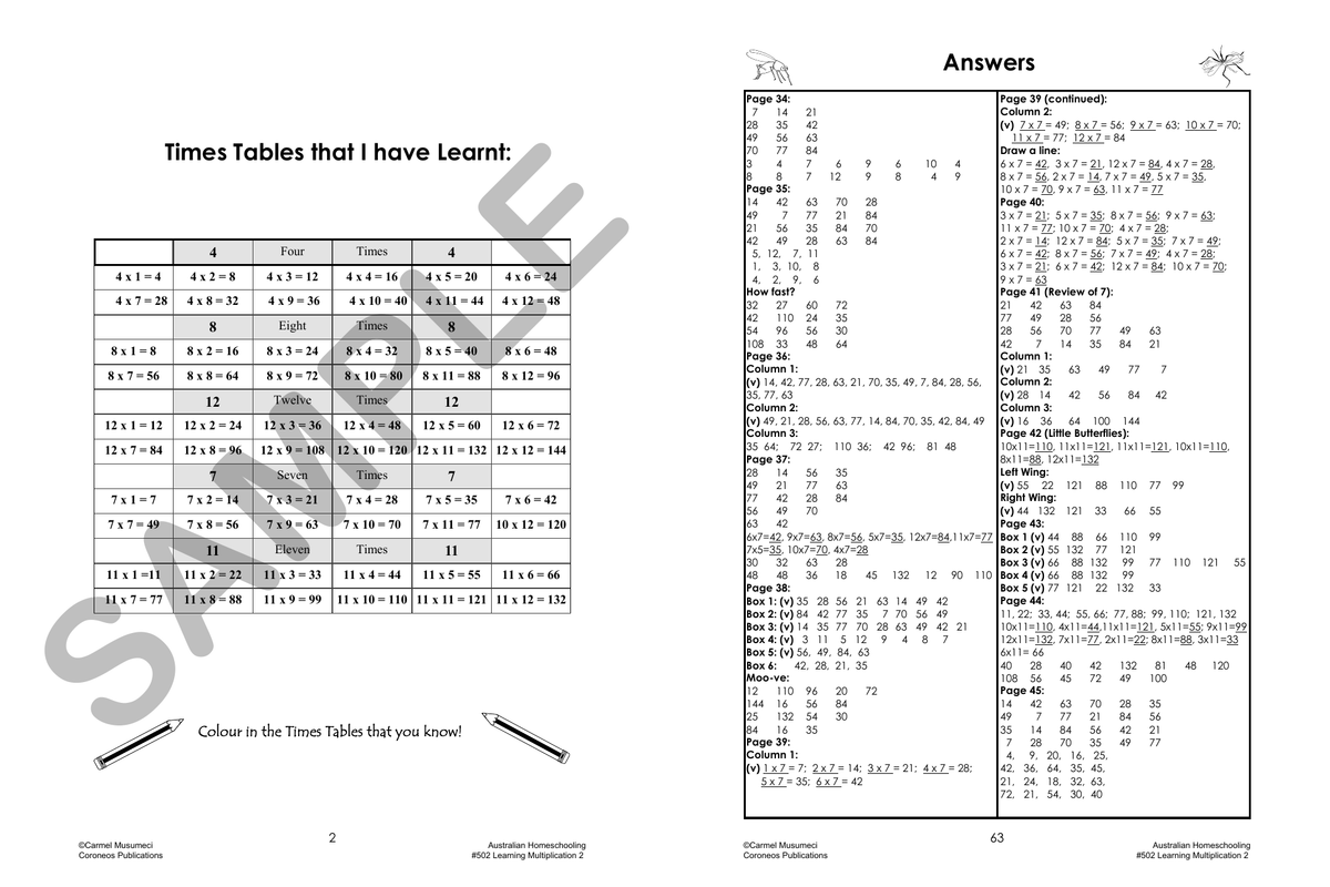 Learning Multiplication 2 sample page