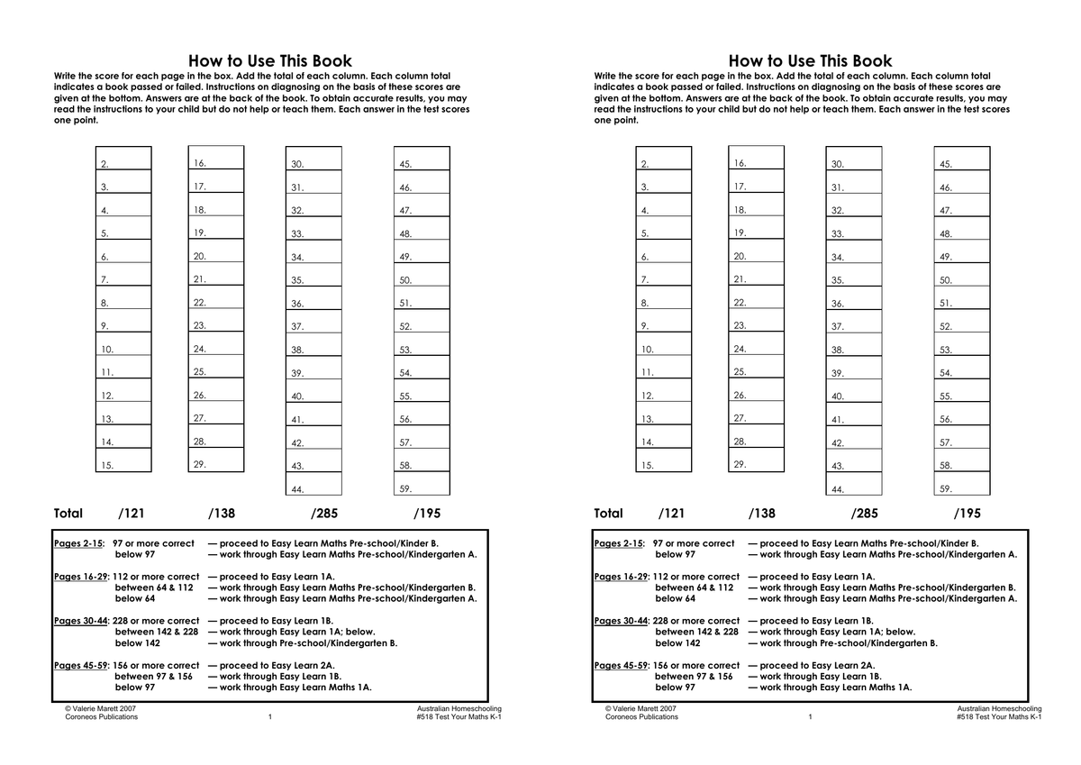 Test Your Maths K to 1 sample page