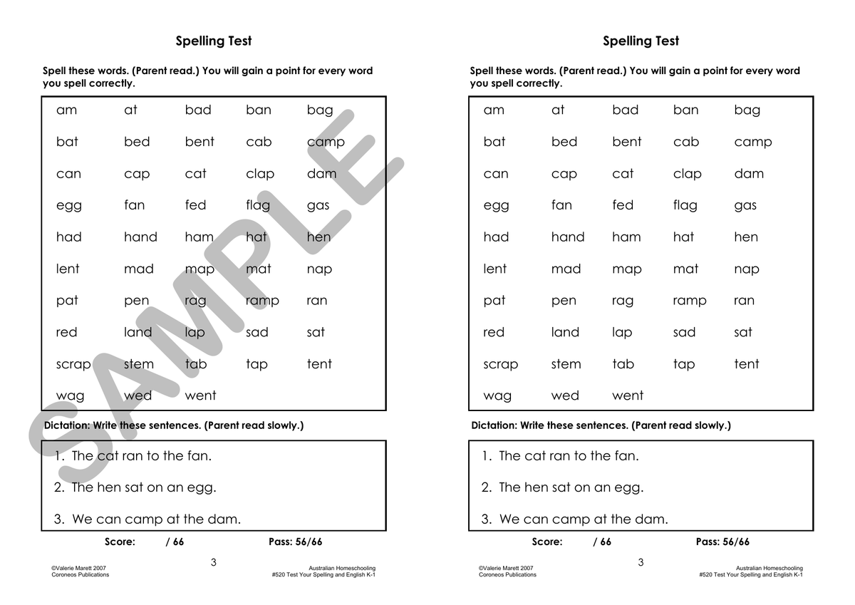 Test Your Spelling and English K to 1 sample page