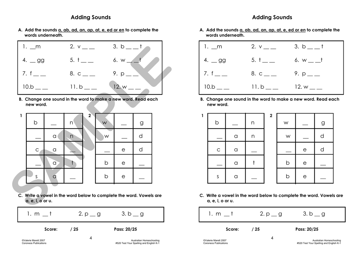 Test Your Spelling and English K to 1 sample page