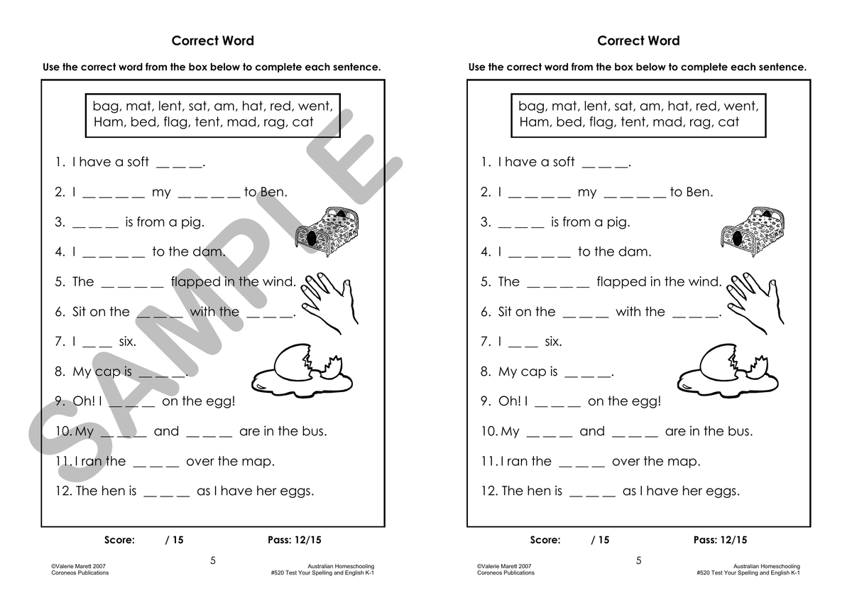 Test Your Spelling and English K to 1 sample page