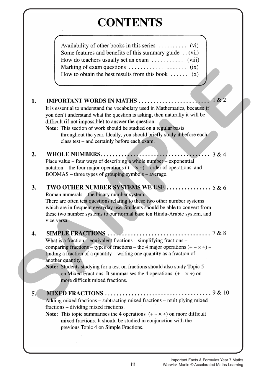 Facts and Formulas - Year 7 (All levels) sample page