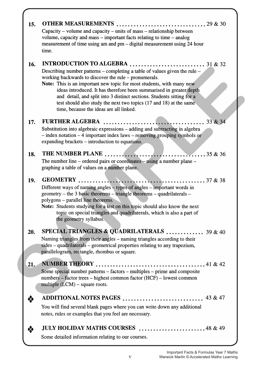 Facts and Formulas - Year 7 (All levels) sample page