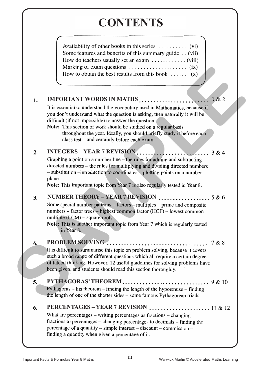 Facts and Formulas Year 8 (All levels) sample page