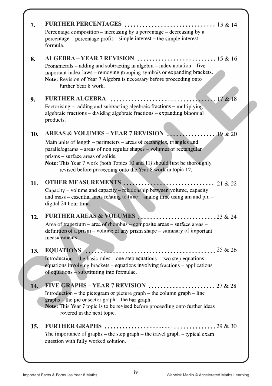 Facts and Formulas Year 8 (All levels) sample page