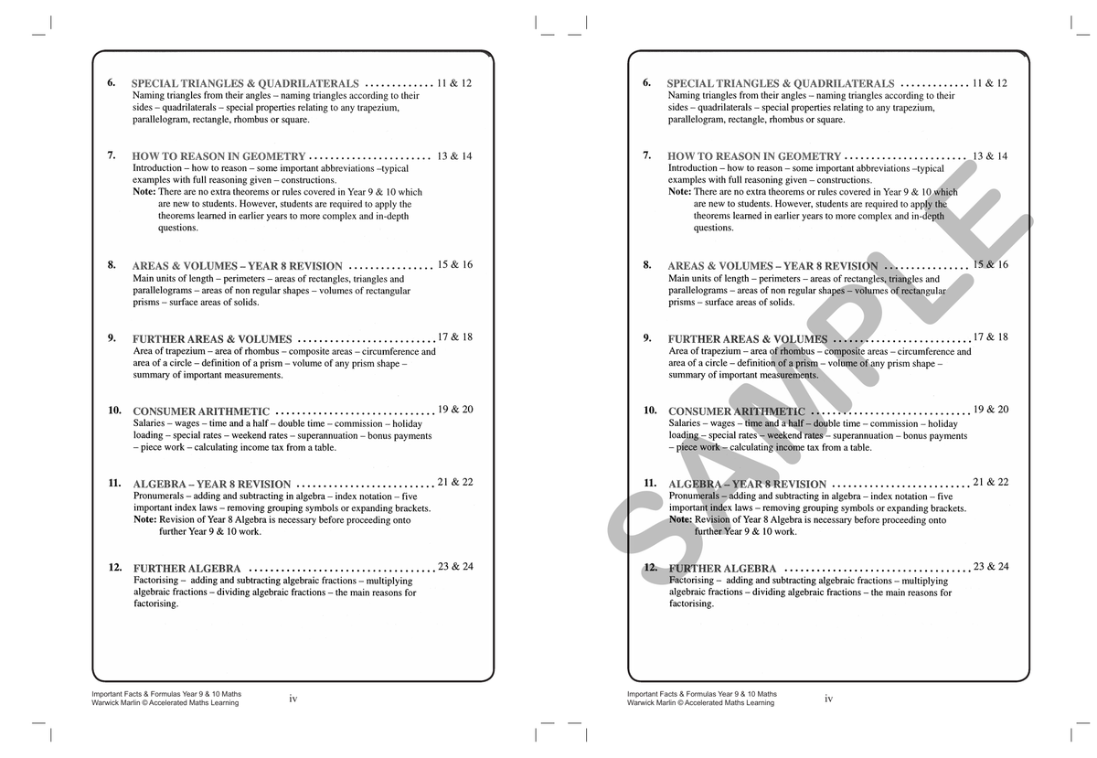 Facts and Formulas - Year 9 & 10 Intermediate sample page