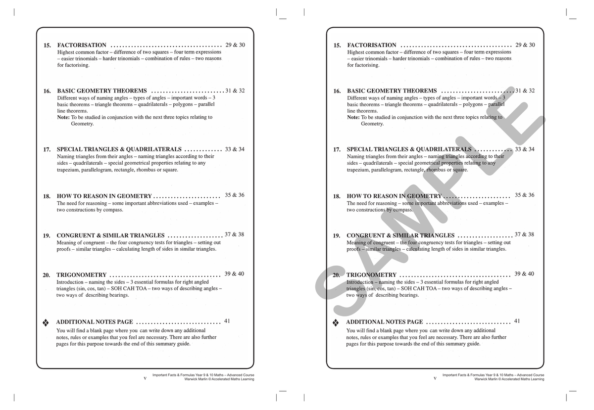 Facts and Formulas - Years 9 & 10 Advanced sample page