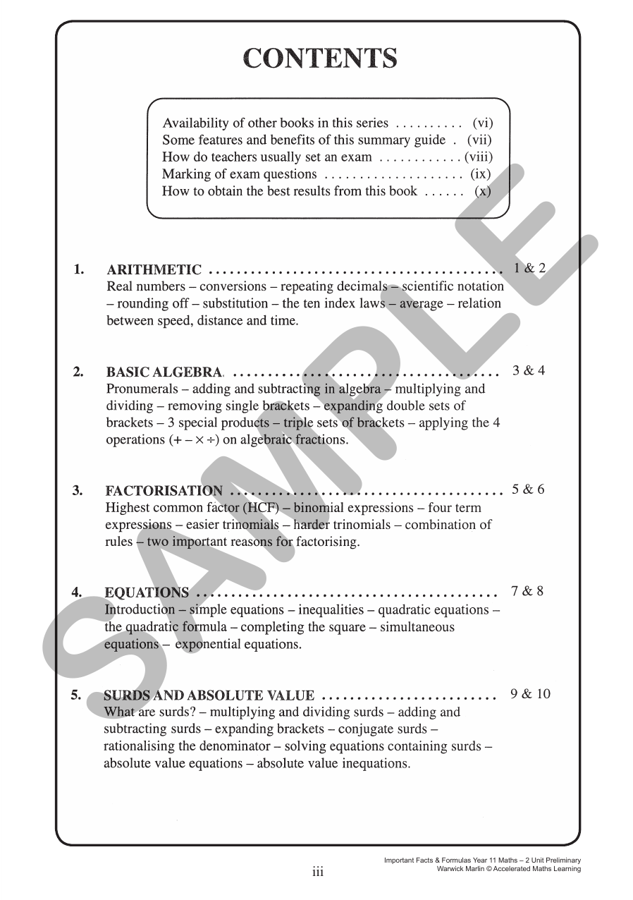 Facts and Formulas Year 11 2 Unit Maths sample page