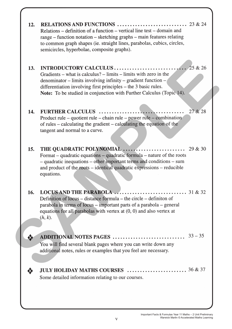 Facts and Formulas Year 11 2 Unit Maths sample page