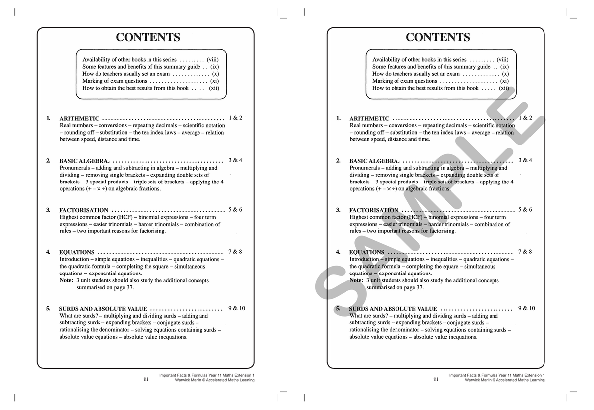 Facts and Formulas Year 11 Extension 1 (2 and 3Unit) Maths sample page
