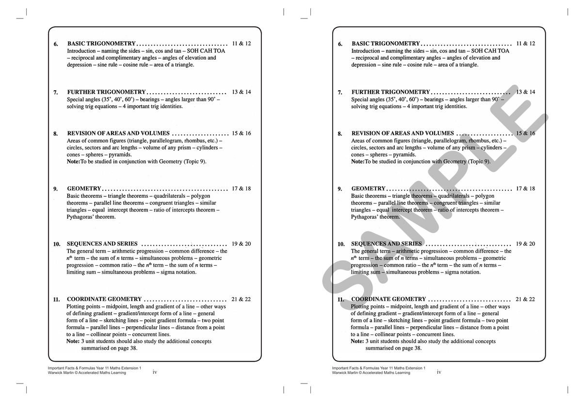 Facts and Formulas Year 11 Extension 1 (2 and 3Unit) Maths sample page