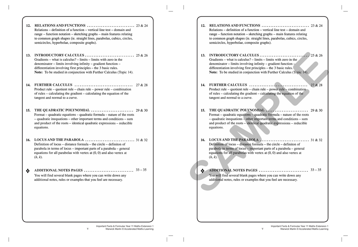 Facts and Formulas Year 11 Extension 1 (2 and 3Unit) Maths sample page