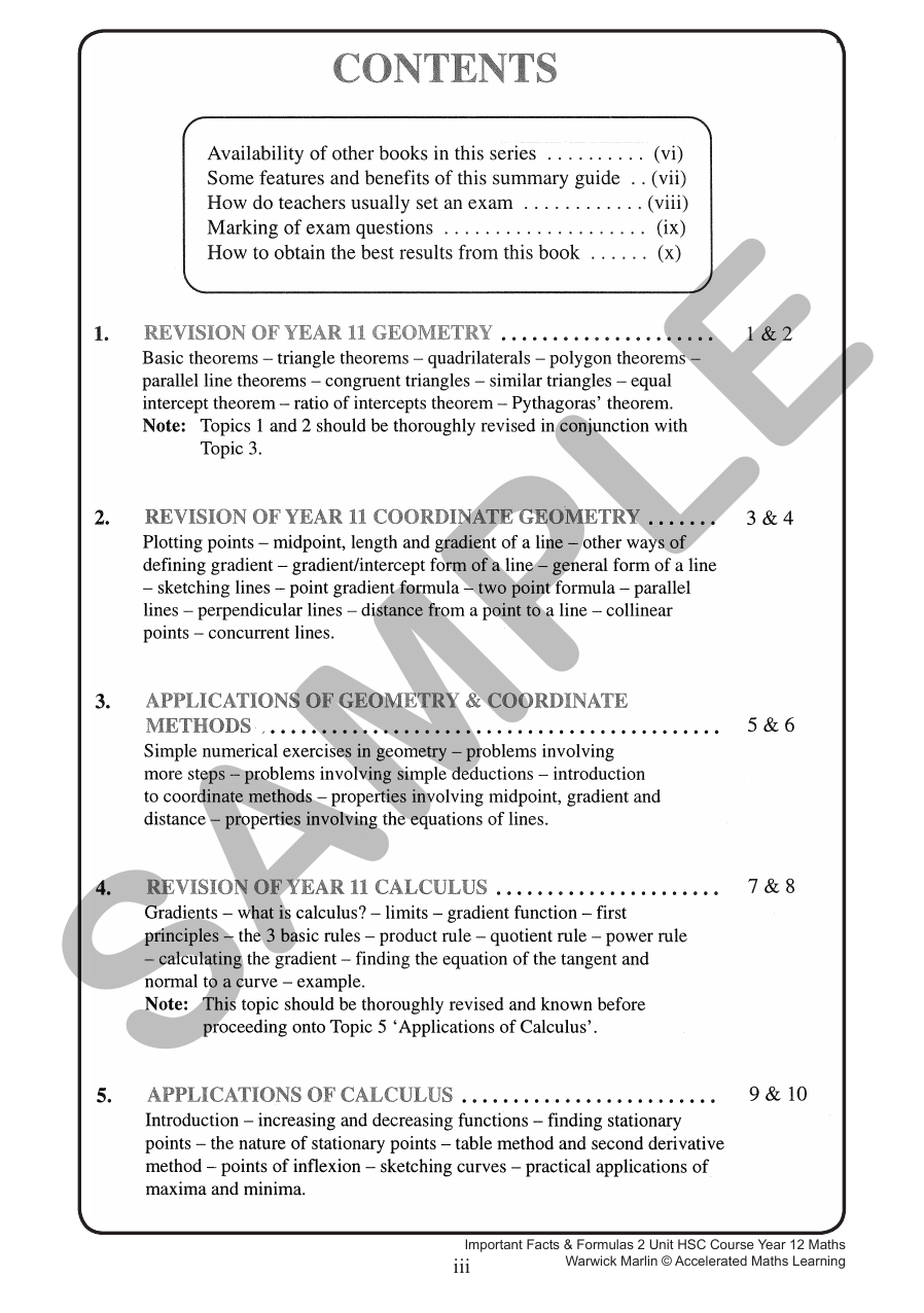 Important Facts and Formulas Year 12 2 Unit sample page