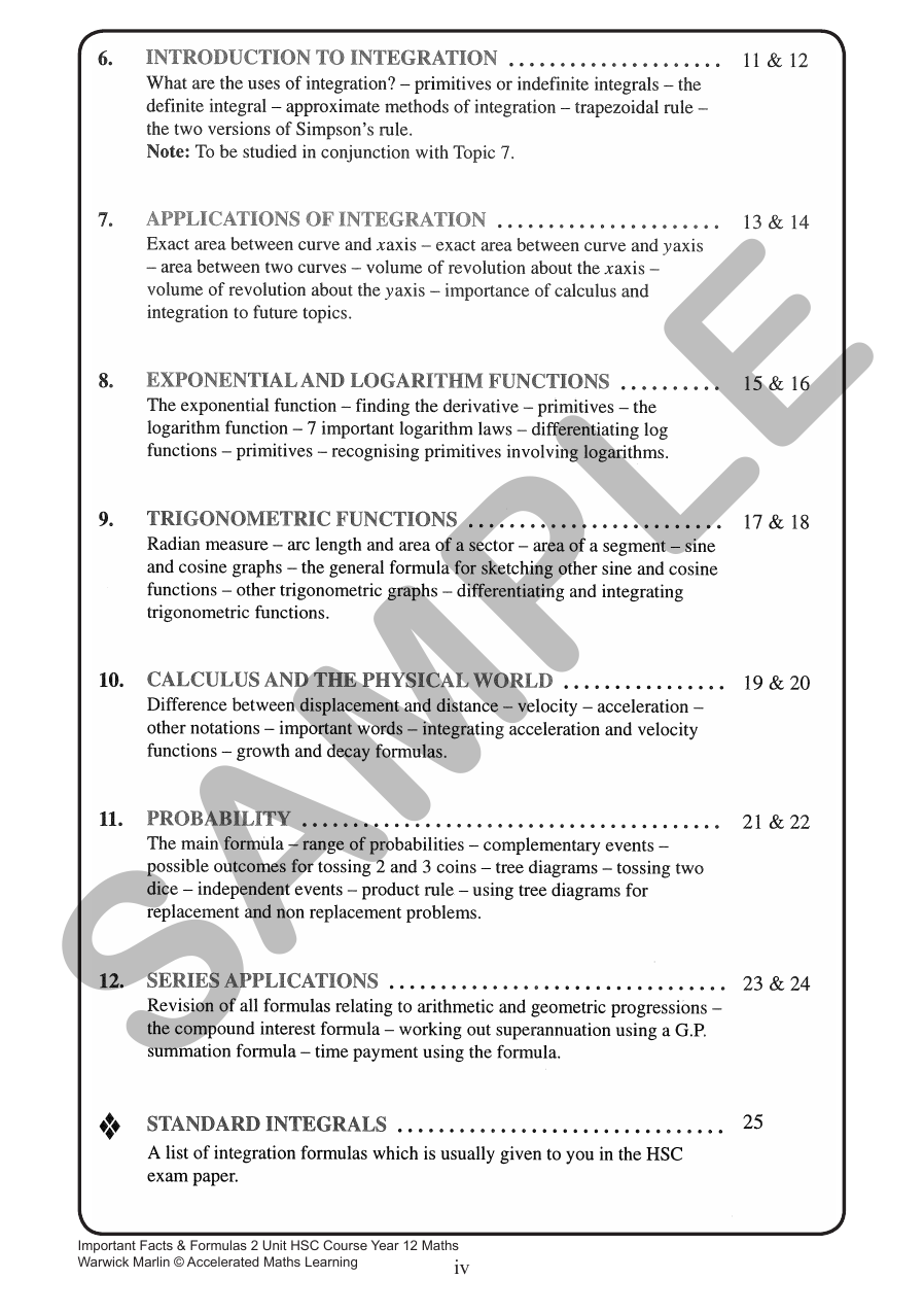 Important Facts and Formulas Year 12 2 Unit sample page